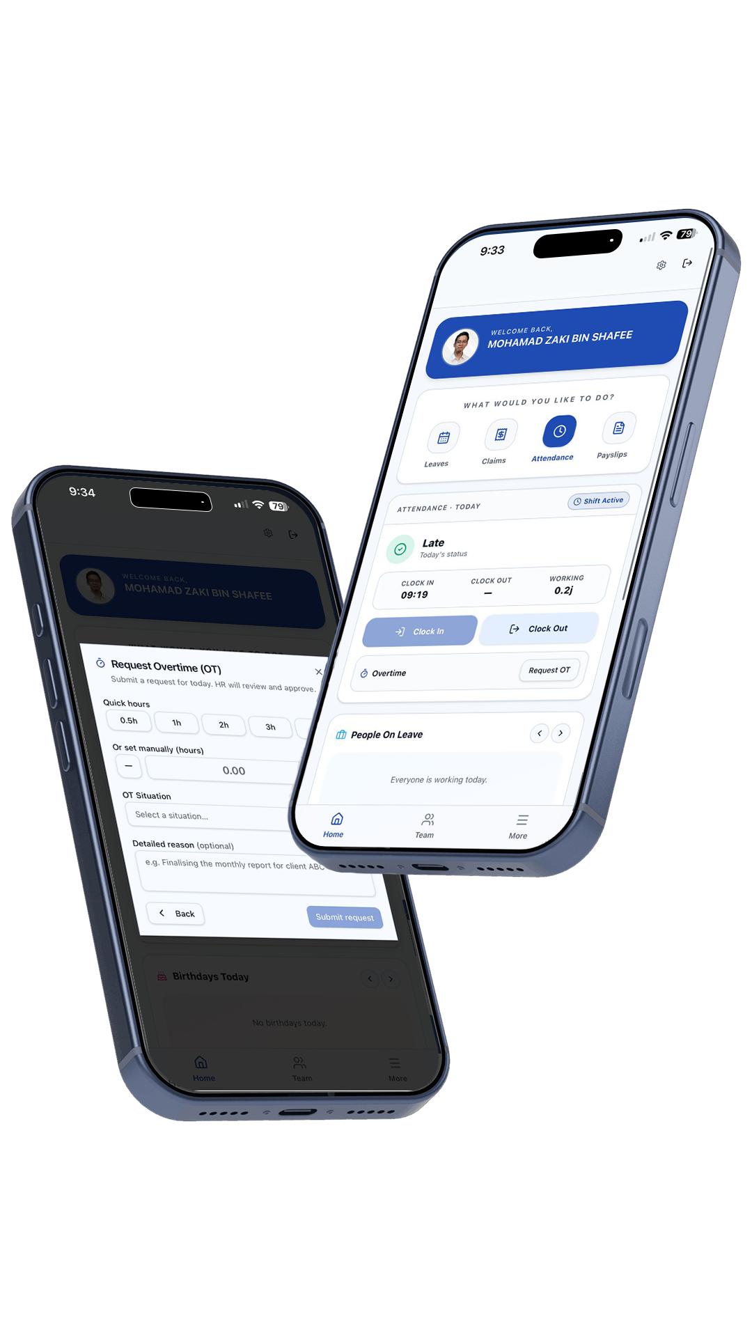 TADBIR mobile app — dashboard and request overtime screens